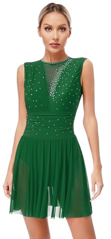 Vxuxlje Damen Eiskunstlauf Kleid mit Strass Tanzkleid Rückenfrei Ballettkleid Ärmellose Ballettanzug Ballett Trikotanzug Grün M