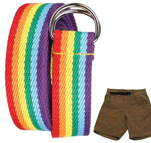 BommFu Herren Damen Gürtel Regenbogen Mode Gürtel | Verstellbarer Doppelter Ring Schnalle | Flechtgürtel aus Stoff | Elastischer Stretchgürtel für Damen und Herren Hochwertig & Bequem Breite