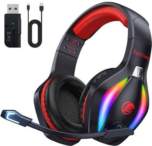 Fachixy FC100「2025 Nuova」Cuffie da gioco senza fili Per PS4, PS5, PC - 2.4GHz e Bluetooth con microfono - Suono stereo 3D e 50 ore di durata della Batteria - Per tablet, Switch, smartphone, nero-rosso