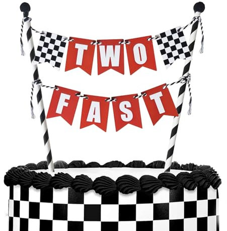 Two Fast Cake Topper, Race Car 2nd Cake Decoration, 2 Years Old Red Black and White Racing Birthday Cake Decor, Happy 2s Checkered Flag Themed Birthday Party Supplies for Kids Boy Girl
