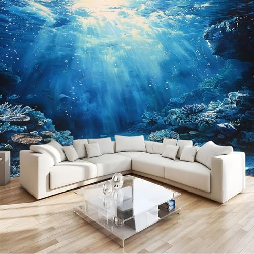 Papier Peint Panoramique Fond de Mer Bleu OcéAn 250 x 175 CM Photo Décoration Murale, Papier Peint Mural Pour Salon Adulte Chambre d'enfants Fond Tv - Bleu