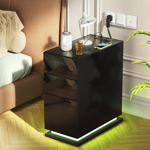 PIPIPOXER Nachttisch LED mit Steckdose & USB, Nachttisch Schwarz Hochglanz mit 16 Farbe RGB Licht, Nachttisch Schmal mit 3 Schubladen Schmaler Kleiner Nachtschrank im Schlafzimmer, Schwarz