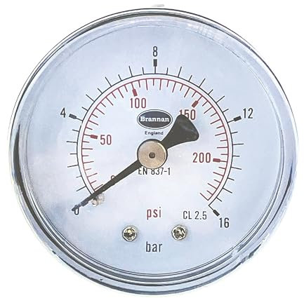 Brannan 50mm Dial Pressure Gauge with 1/4 BSP Back Connection for Air Water Oil and Gas Steel Case Mechanical Pressure Gauge (0-16 bar / 0-232 psi)