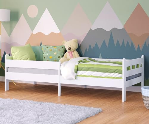 Bellabino Kuru Kinderbett 90x200 cm – Kinder Bett mit Matratze, Rausfallschutz & Lattenrost - Jugendbett mit Stauraum - Kids Bed aus Holz - Einzelbett für Jungen und Mädchen für Kinderzimmer in Weiß