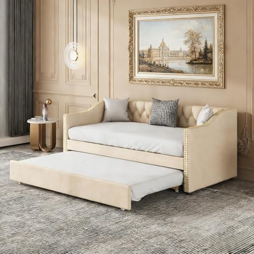 PerGar Tagesbett Polsterbett 90/180x200 cm, Ausziehbares Schlafsofa, Jugendbett mit Lattenrosten, Multifunktionsbett, Schlafcouch mit Bettfunktion, Leinenstoff, Ohne Matratze, Beige