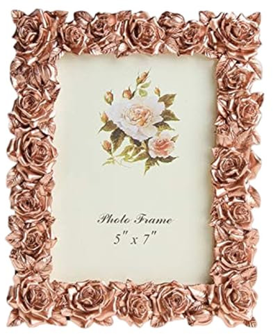 JZLEJC 5x7 Rose Gold Flower Picture Frame, Elegant Design Resin Decorative Photo Display for Tabletop, Desk, Office, Home