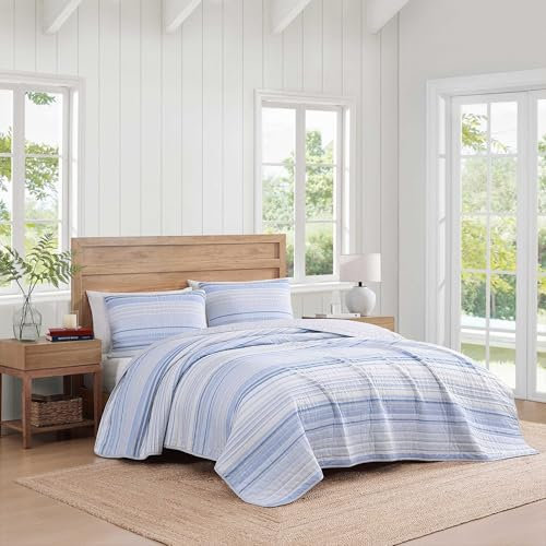 Tommy Hilfiger® Bettwäsche-Set für Doppelbett, strukturierte Baumwolle mit passenden Kissenbezügen, mittelschweres Bettwäsche-Set, europäischer Verschluss, Öko-Tex-zertifiziert, Blau (gestreiftes Blau