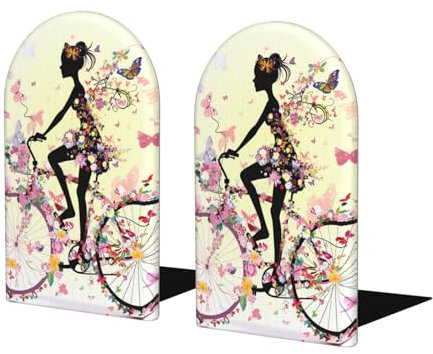 Buchstützen aus Holz für Regale, Mädchen-Silhouette, Fahrrad, mit buntem Blumenmuster und Schmetterling, rutschfest, robuste Holz-Buchstützen für Bücherregal-Organisation und Präsentation