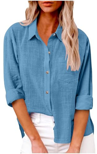 Womens Long Sleeve Shirt Tops Casual Button Down Cotton Linen Shirts Summer Blouses V Neck Roll Up Collared Loose Oversized Tees Dressy Blouse Office Work Ladies Tops Plus Size 8-22 Blue