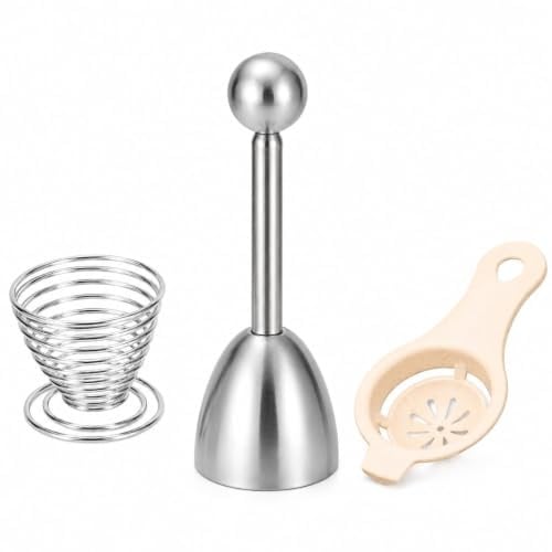 Lot de 3 Ustensiles à Œufs, Ouvre-Œuf, Coquetier et Séparateur Inox 304 | Acier inoxydable argenté; 3 outils de 13,2/5/12 cm pour ouvrir, tenir et séparer les œufs au petit-déjeuner ou en pâtisserie