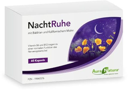 AuraNatura NachtRuhe Pflanzliches Schlafmittel & Einschlafhilfe, 60 Kapseln | Beruhigungsmittel mit Baldrian, L-Theanin, Grüntee-Extrakt sowie Vitamin B6, B12, D3 und Folsäure | 1-Monats-Vorrat
