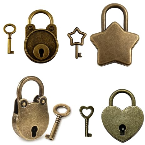 Set di 4 mini lucchetti in bronzo anticato, con incisione, lucchetto vintage con 4 chiavi per armadio, portagioie, diario, cassetto, valigia e decorazione