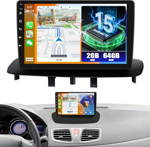 CAMECHO Android 15 2G+64G Autoradio für Renault Megane 3 Export 2009-2014 mit Carplay Android Auto Navi WiFi 9-Zoll Incell Touchscreen mit GPS Bluetooth 5.0 FM/RDS