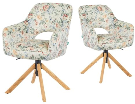 DUBI Möbel 2er Set Esszimmerstühle höhenverstellbar, Bürostühle & Konferenzstühle, 360° drehbar mit Taschenfederkern, gepolstert, Eichegestell, Stoff Print Wildblume, Modell Mika-Amia
