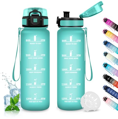 JAPORIA Trinkflasche 1L, Trinkflasche mit Zeitmarkierungen, BPA-Frei & Kohlensäure Geeignet, Wasserflasche Auslaufsicher, Sportflasche für Erwachsener, Sport, Camping, Gym, Büro, Uni, Yoga
