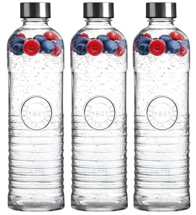 3er-Set Wasserflasche, Trinkflasche, Glasflasche für 1 Liter – gestreift | transparente Karaffe – Retro & Vintage-Stil – luftdichter Schraubverschluss, auslaufsicher – Umweltfreundlich – Seaside No.64