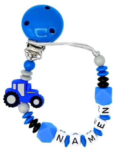 Nuckelkette mit Namen  TRAKTOR  in verschiedenen Farben/Baby/Unisex/Personalisiert/HANDMADE (Mittelblau Hellgrau Schwarz)