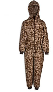Camille Childrens Super Soft Fleece Onesie - Hooded All In One - Long Sleeved and Full Length with Elasticated Cuffs and Ankles Caramel Leopard Print 12-14 Years