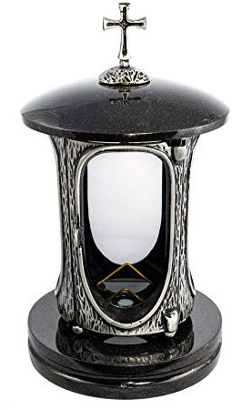 Stilvolle Grablaterne Anthrazit mit Kreuz Granit Schwedisch Black Höhe 27 cm/Ø 15 cm Grableuchte Grablicht Grablampe Granitlampe Granitlaterne Bronze mit Sockel Grabschmuck