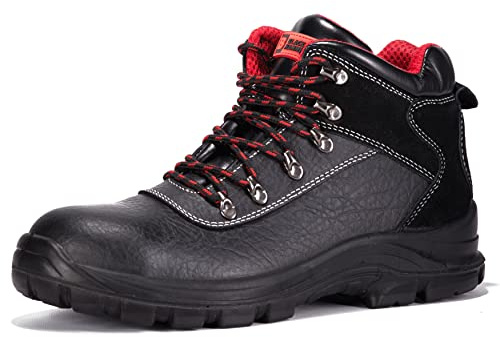 Black Hammer 7777 Men's S3 SRC Waterproof Steel Toe Boots | Smooth leather upper, steel midsole, breathable mesh lining, cushioned insole, anti-static heel, oil-resistant sole.