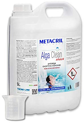 Metacril Alga Clean Shock + Bicchierino Dosatore Graduato, Elimina le Alghe, Non Schiumogeno, Azzurrante e Schiarente, per Piscina e Spa Idromassaggio - 5L