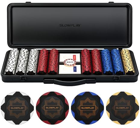 SLOWPLAY Nash Pokerset, 500 Poker Chips ohne Werte | Profi pokerchips aus Ton 14g | inkl. großer pokerkoffer hochwertigen, Plastik Pokerkarten, Dealer Button