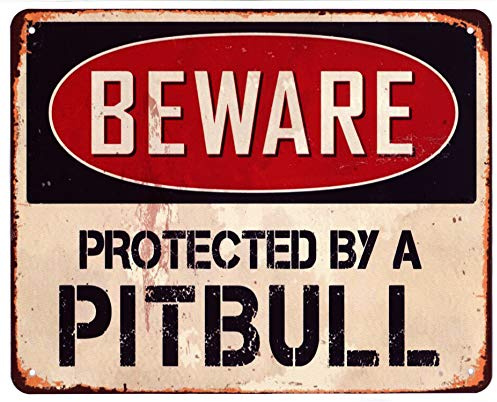 Moritz Blechschild Beware Protected by a Pitbull Hund 20 x 25 cm Deko Schild mit Aufdruck Aufschrift