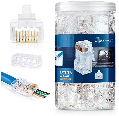 Everest Media Solutions RJ45 Cat6/6a Durchgangsstecker für ein dickes UTP-Netzwerkkabel mit großem Durchmesser von 23 AWG, 200 Stück, Einsteckführungen im Lieferumfang enthalten
