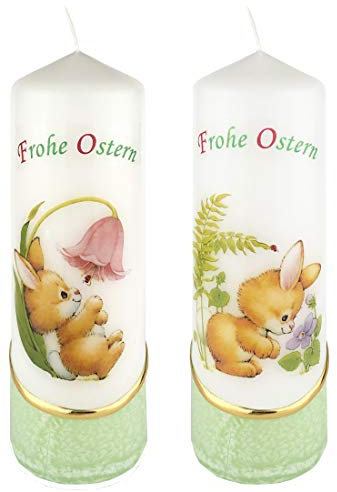 Meissner-Handel Auswahl * 2 Stück Osterkerze Stumpenkerze Osterdeko * 6 x 18 cm * mit farbigen Wachs- und Bildauflagen * Auswahl Motiv + Farbe * grün * (Serie 1 - Set 01/02)