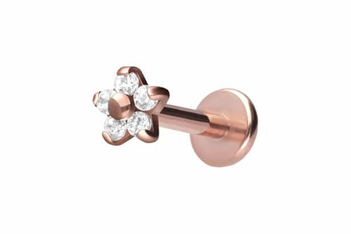 PIERCINGLINE TItan Labret Stecker Innengewinde | BLUME + 5 KRISTALLE | Piercing Ohr Lippe Nase | Farb & Größenauswahl