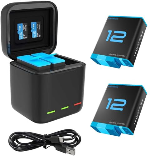 REYGEAK Hero 12 Hero 11/10/9 batteria,Batteria ricaricabile per GoPro Hero 12/11/10/9,Caricabatteria tripla e scatola di immagazzinaggio di batteria con caricabatteria (Caricabatterie + 2×batteria)
