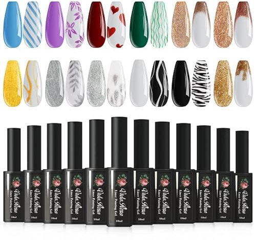 12 Colors VidaRosa Gel Nail Liner Polish UV/LED Painting Gel Polish for 3D Nail Art DIY Nail Design Nail Line Drawing Paintbrush Pen, Nail Painting Polish for Manicure Salon, 10ML