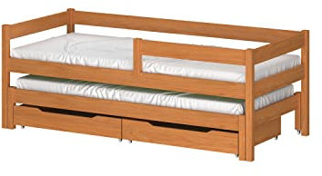 WNM Group Kinderbett Ausziehbar JULA mit Rausfallschutz und Matratzen - Bett mit Schubladen und Lattenrost - Ausziehbett für Jugendliche - Jugendbett - Teak -200x90/190x90 cm
