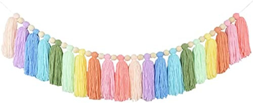 37 Zoll Pastell Regenbogen Quastengirlande Mit Holzperlen, Bunte Boho Quastengirlande, Wandbehang Für Heimdekoration, Hochzeit, Geburtstag, Babyparty, Partyzubehör