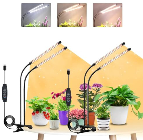 Niello 2 Kopf+2 Kopf Pflanzenlampe, LED Menge Pflanzenlicht, Vollspektrumslampe für Zimmerpflanzen, Zeitsteuerung 3/9/12H, 3 Lichtmodi &10 Helligkeitsstufen (Kein Adapter)