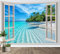 LB Tropische Insel Wandteppich Blaugrüner Ozean Wandtuch Strand Wandbehang Grüne Palme Außerhalb des Fensters Tapisserie für Wohnzimmer Schlafzimmer Wohnheim Wanddeko,235x180cm