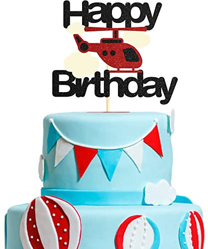Sumerk Glitter Airplane Happy Birthday Cake Topper Plane Cloud Cake Decorations for Baby Shower or Birthday Party Transportation Travel Theme Cake Supplies for Kids Boy Girl - 1 Pack