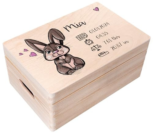 Creative Deco Erinnerungsbox Baby Personalisiert mit Namen - Hase | 30 x 20 x 14 cm | Individuelle Erinnerungskiste Geschenk zur Geburt für Mädchen und Jungen | Holzkiste mit Deckel | Farbdruck