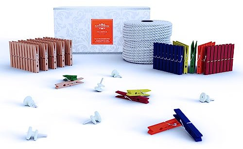 Lot de 100 mini pinces à linge en bois avec ficelle en coton – 50 pinces naturelles et 50 pinces multicolores + 30 m de ficelle blanche | Pinces en bois de bouleau pour photos, mariages, projets de