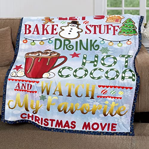 eBoutik - Christmas Keep Warm Sherpa Blanket - Large Xmas Theme Design Warm Soft & Fluffy Fleece Throw for Bed, Chair or Couch - Movie Watching, Gingerbread Men, Hot Chocolate (Blue)