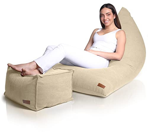 Aiire Modern Sitzsack mit Hocker XXL Design - Riesen Bean Bag + Pouf Flauschig mit Füllung für Jungen und Kinder - Sitz Sack Sofa mit Lehne - Fußhocker Fußkissen Bodenkissen und Liege Beige