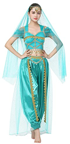IWEMEK Frauen Aladdin Kostüm Erwachsene Araber Jasmin Prinzessin Kleid Crop Top + Hose + Schal Märchen Cosplay Halloween Karneval Kostüme Verkleidung Party Outfits Blau L