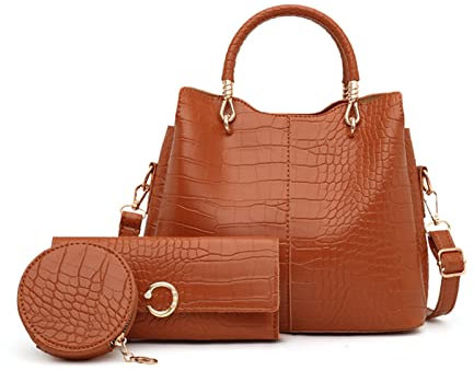 NICOLE & DORIS Ensemble de 3 Sacs à Main Femme Mode en Cuir PU - Fourre-Tout, Portefeuille et Bandoulière Crocodile pour Shopping, Travail, Voyage - Marron