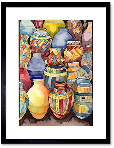 Artery8 Glazed Ceramic Pot Vases Folk Art Artwork Framed Print Wall Art 9X7 Inch