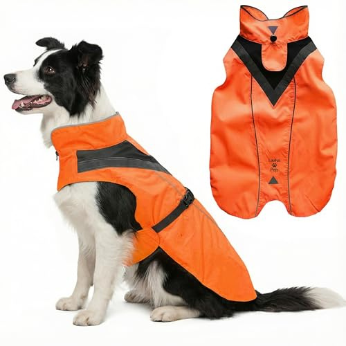 Lautus Pets Wasserdichter Hunderegenmantel, reflektierenden Sicherheitsstreifen & Leinenöffnung – Leichte, Jacke für mittelgroße Hunde - L, Orange