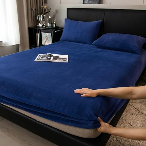 Boqingzhu Flauschige Plüsch Spannbettlaken 90x200cm Blau Dunkelblau Fleece Flanell Cashmere Touch Spannbetttuch Winter Kuschelig Bettlaken für 25 bis 30cm Matraze