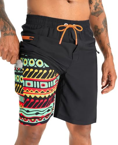 APTRO 2 in 1 Men's Swim Trunks 9 with Zipper Pockets Bathing Suit Built-in Board Shorts Swimwear Long Shorts Multicolor 1X