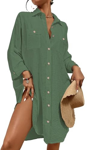Bsubseach Modern Swimsuit Coverups for Women Button Down Beach Shirt Dress Tops Resort Wear Green S
