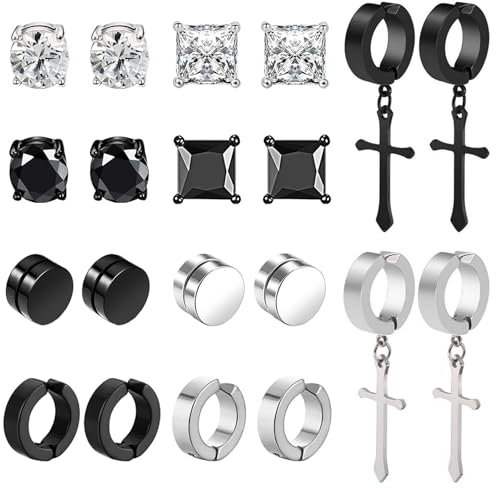 10 Paar Edelstahl Magnet Ohrringe für Herren Damen Creolen CZ Magnet Nicht Durchdringende Clip Kreuz Creolen Ohrringe Nickelfrei Tunnel Ohrclips Non Piercing Ohrringe Set Schwarz A