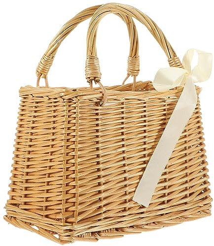 DEARMAMY Décor Vintage À Main En Osier Tissé À La Main Panier En Rotin Avec Rubans Pour Le Shopping Pique- Maison Plein Air Pour Femmes À Bandoulière Décontracté